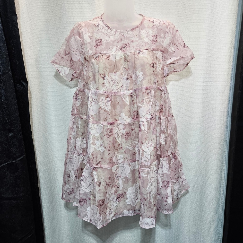 STORIA Women's Floral Print Tiered Mini Dress Short Sleeve Sheer Size S